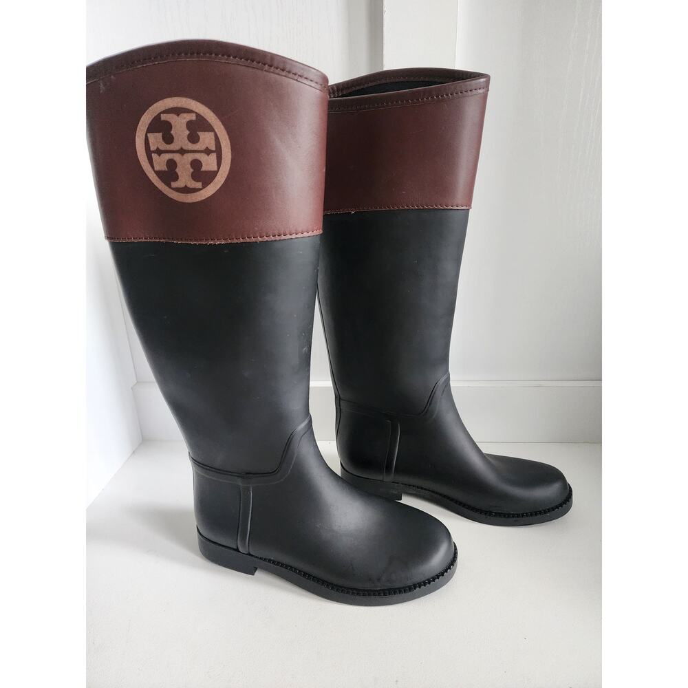Tory Burch Diana  Tall  Rubber Rain Boots Womens Size 6 Logo Black Brown‎ Logo